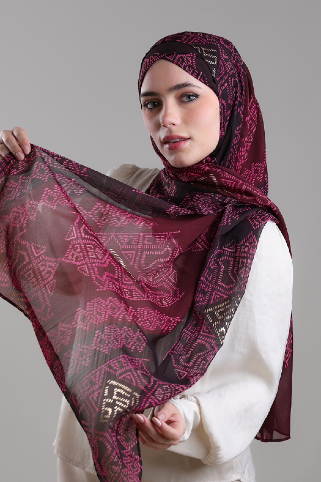 Bibi Khanym Maroon - Printed Plus Crinkled Chiffon with Foil
