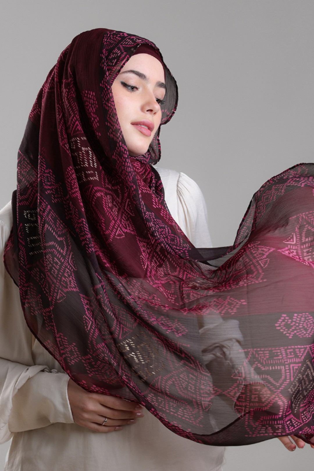 Bibi Khanym Maroon - Printed Plus Crinkled Chiffon with Foil
