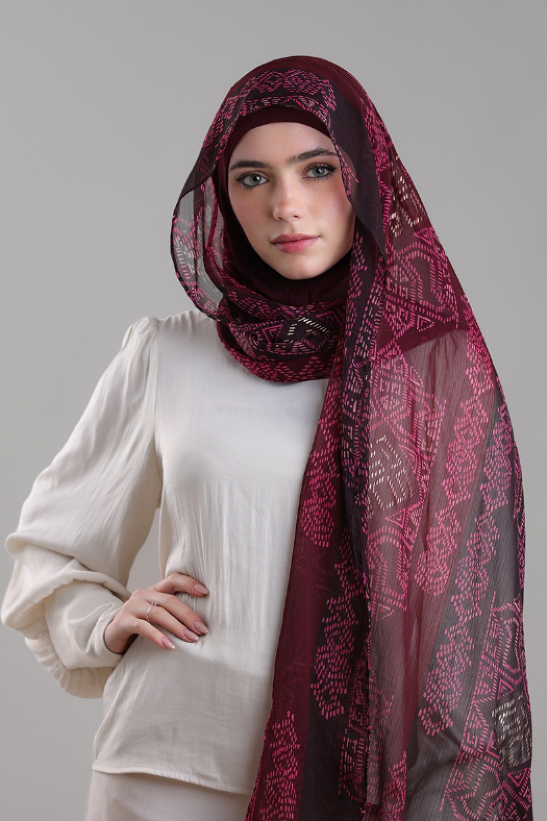 Bibi Khanym Maroon - Printed Plus Crinkled Chiffon with Foil