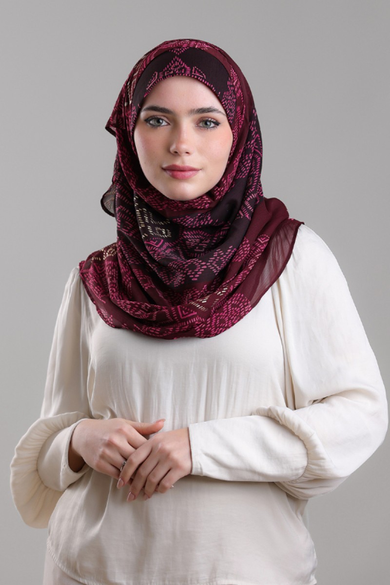 Bibi Khanym Maroon - Printed Plus Crinkled Chiffon with Foil