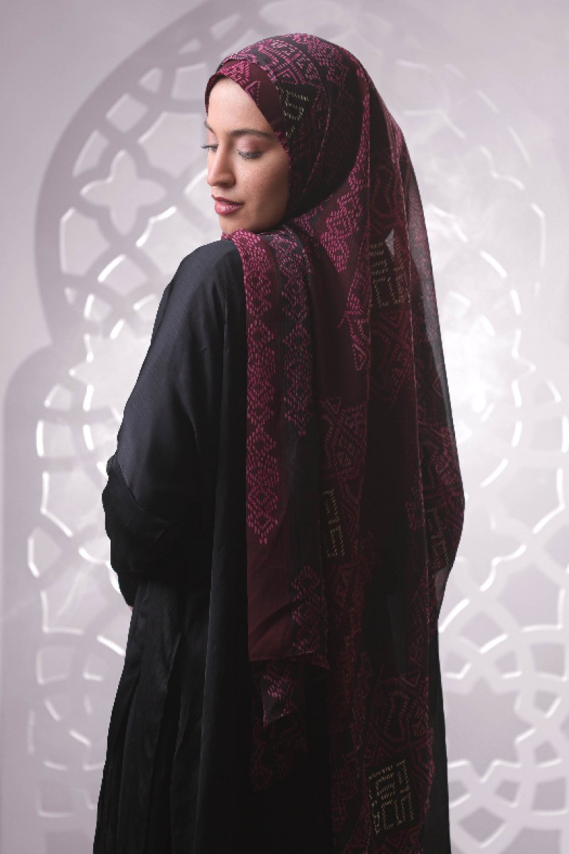 Bibi Khanym Maroon - Printed Plus Crinkled Chiffon with Foil