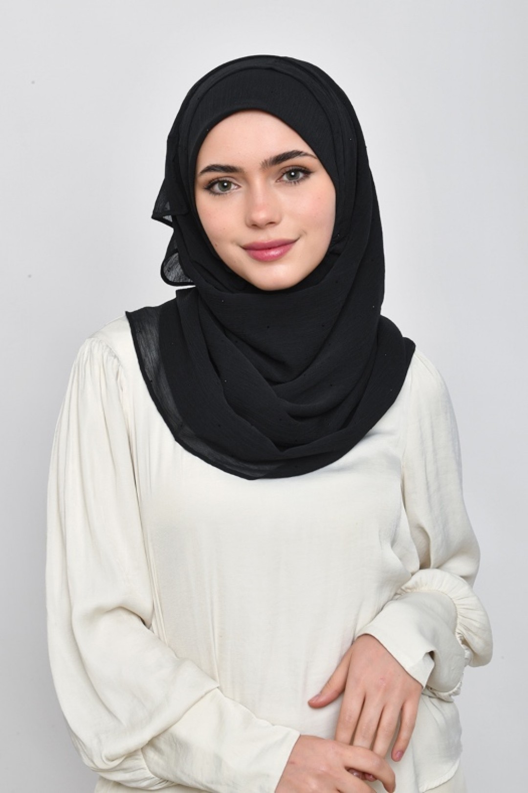 Black - Plain Crinkled Chiffon with Crystals