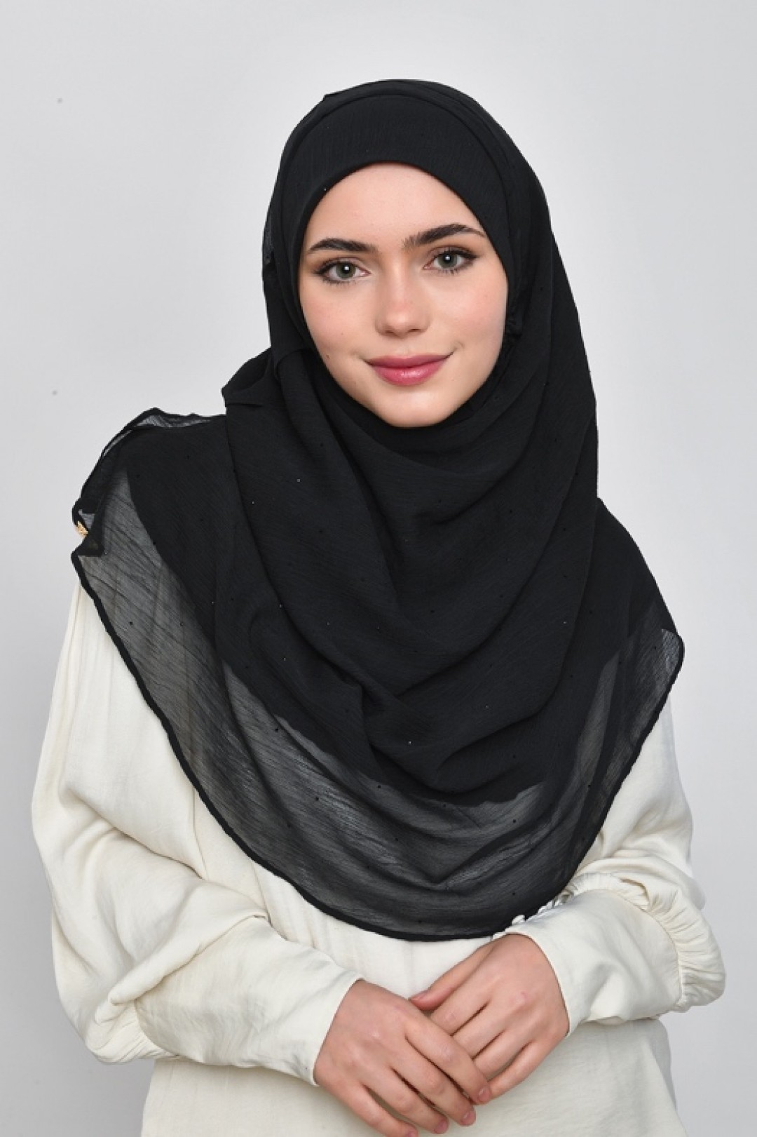 Black - Plain Crinkled Chiffon with Crystals