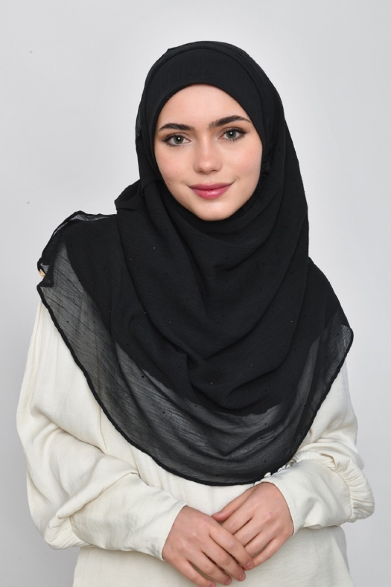 Black - Plain Crinkled Chiffon with Crystals