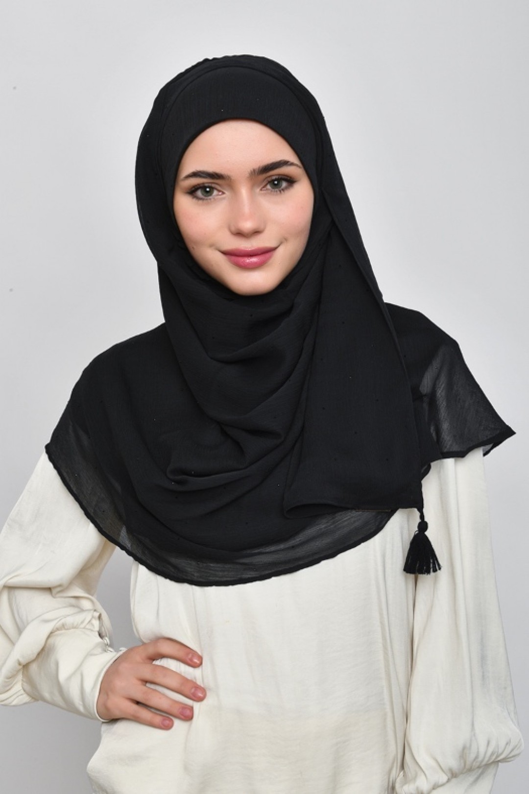 Black - Plain Crinkled Chiffon with Crystals