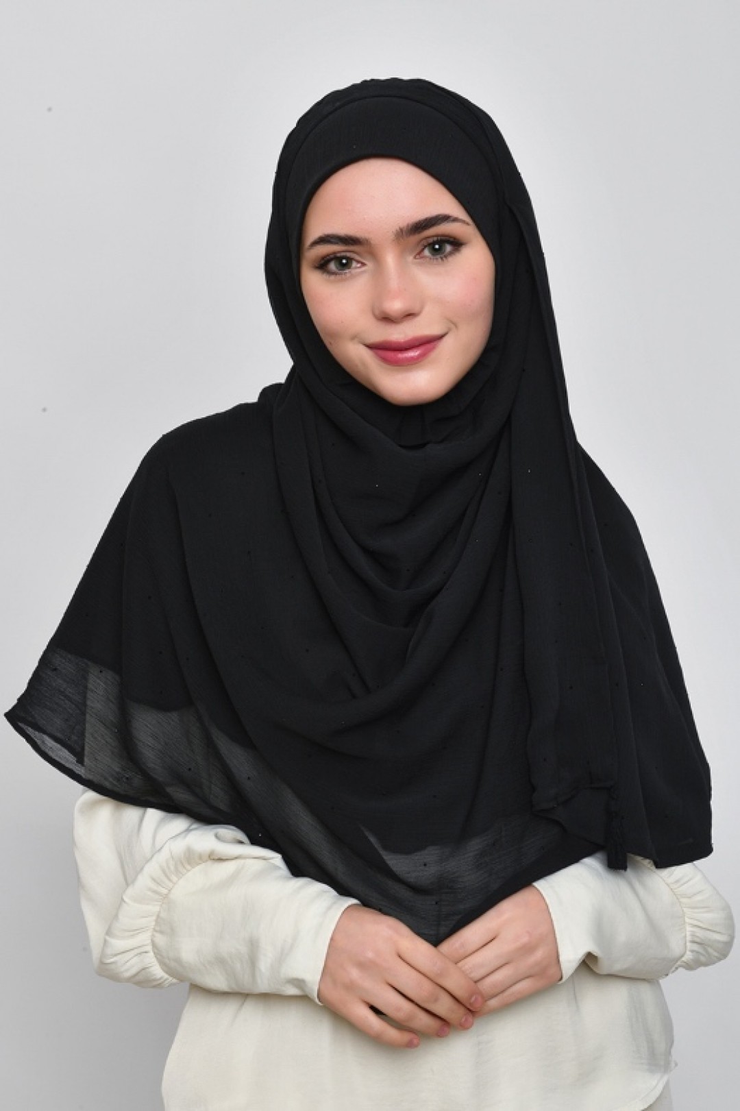 Black - Plain Crinkled Chiffon with Crystals