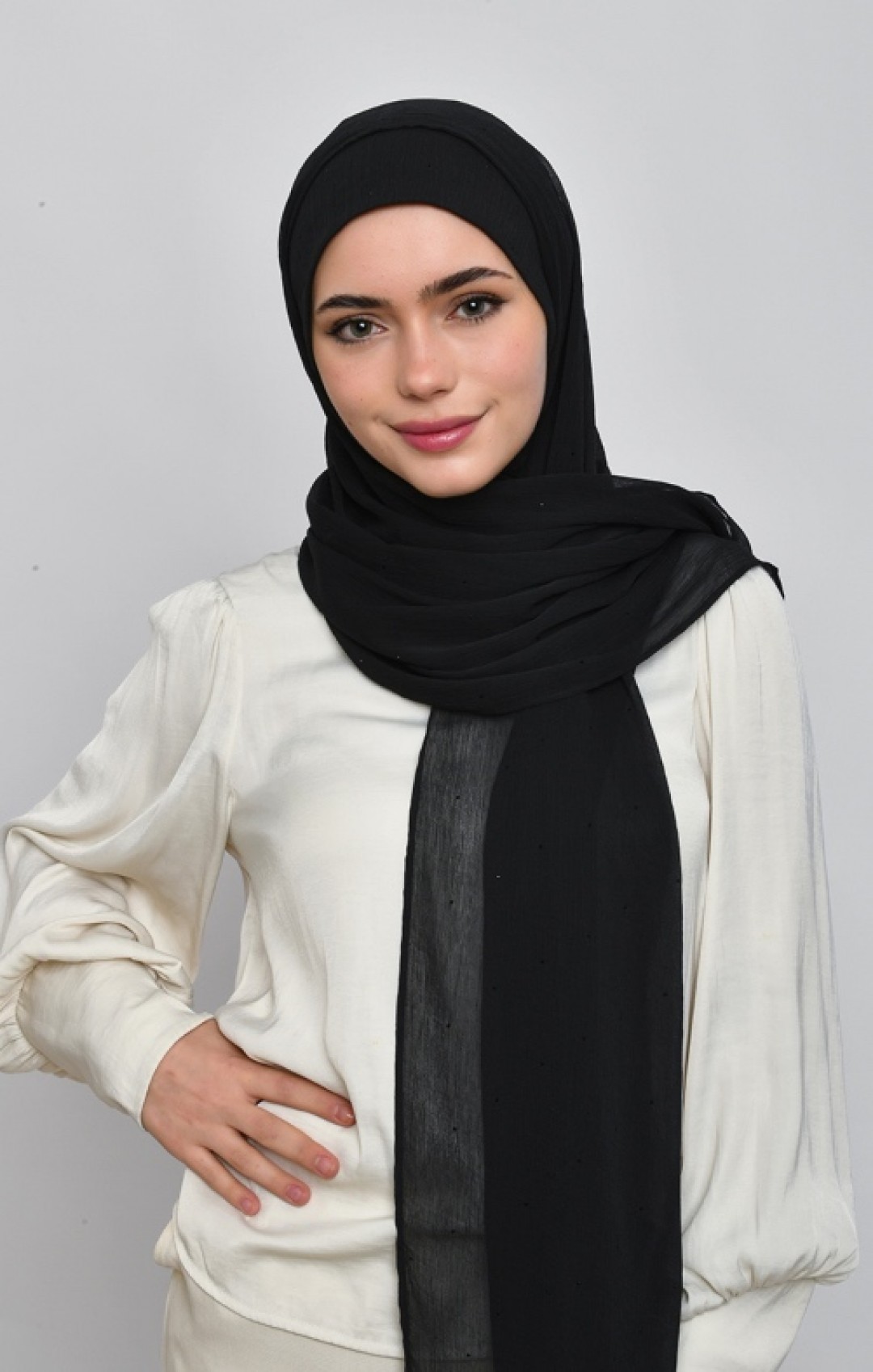 Black - Plain Crinkled Chiffon with Crystals