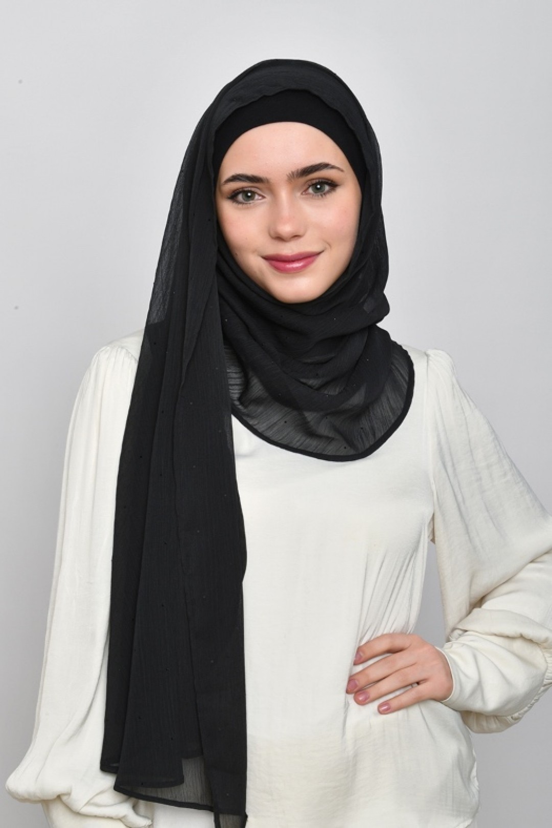 Black - Plain Crinkled Chiffon with Crystals