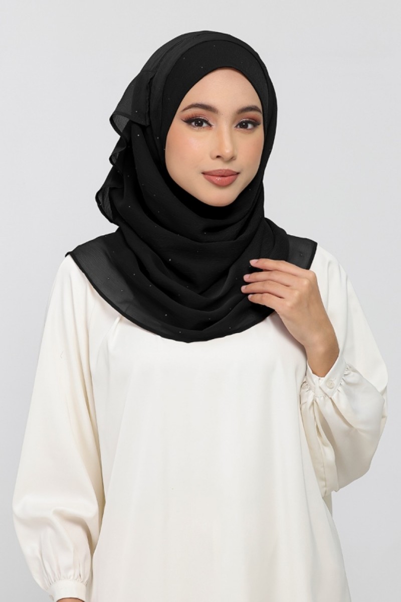 Black - Plain Crinkled Chiffon Crystals