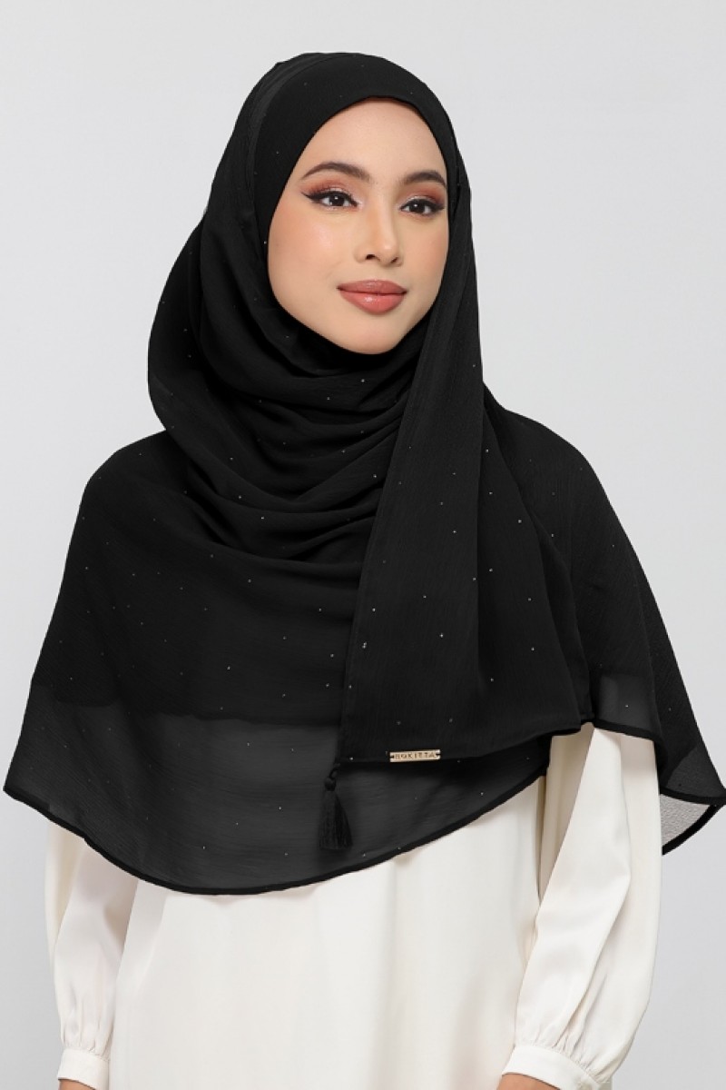 Black - Plain Crinkled Chiffon Crystals