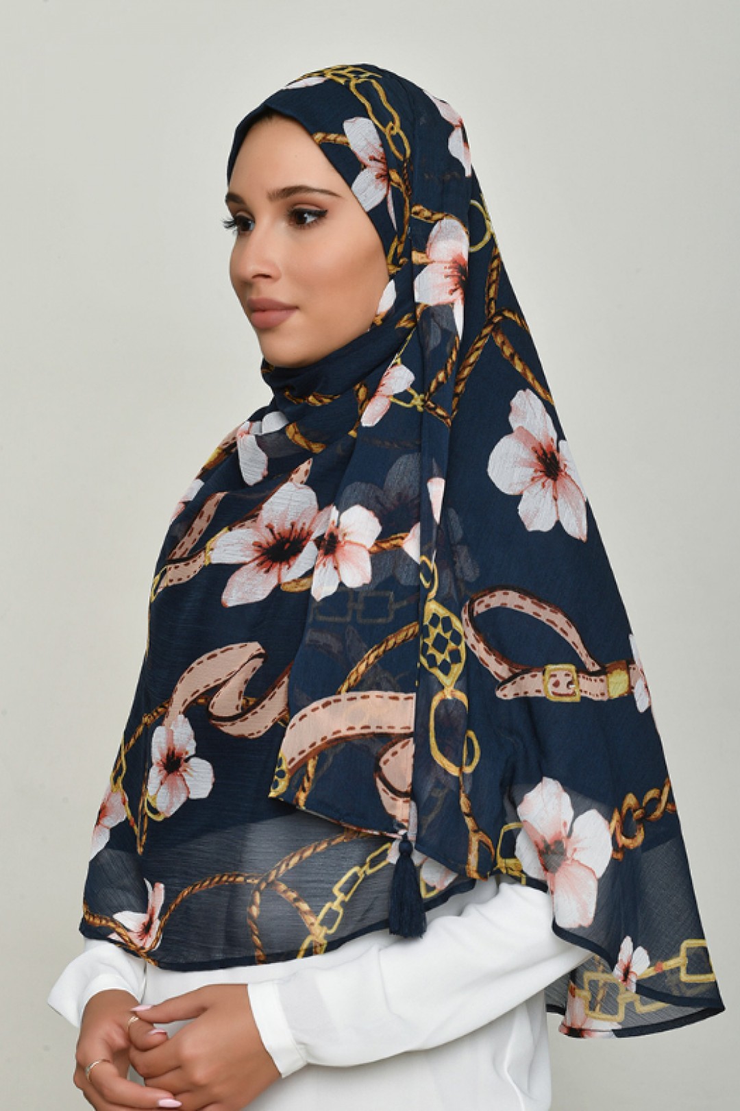 Blossom Navy - Printed Crinkled Chiffon