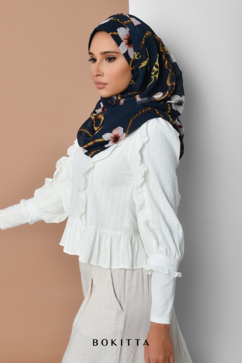 Blossom Navy - Printed Crinkled Chiffon