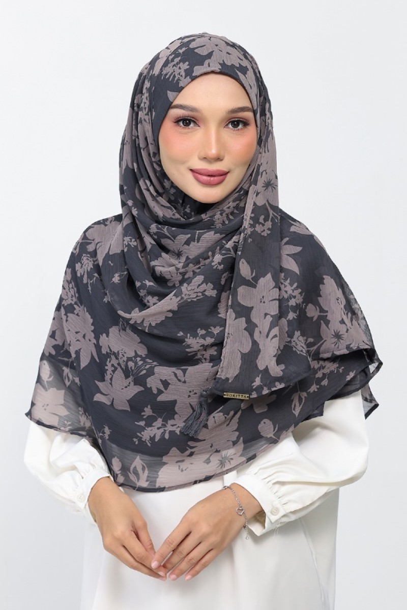 Grey Bouquet - Printed Plus Crinkled Chiffon