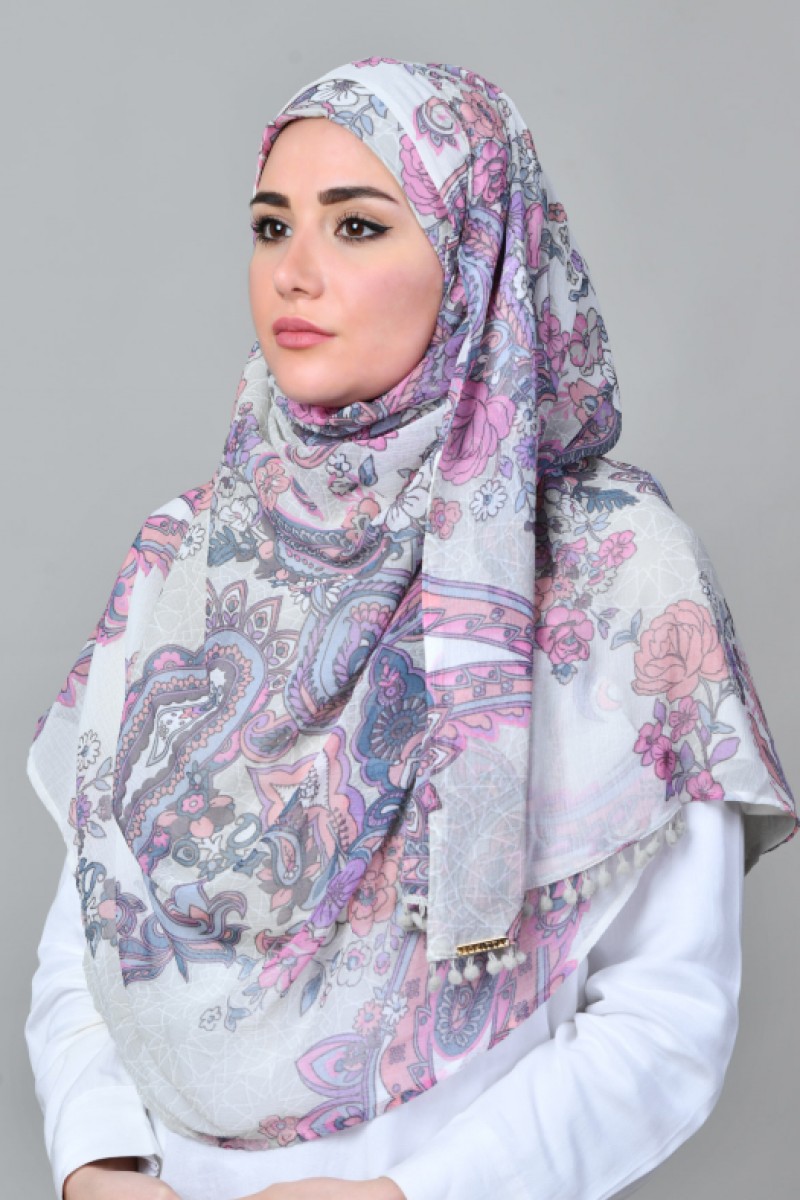 Boteh Blue - Printed With Pompoms Mosaic Chiffon - Capshawl