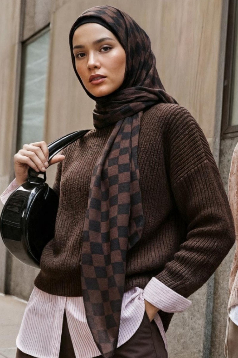Checkered Brown - Printed Plus Crinkled Chiffon