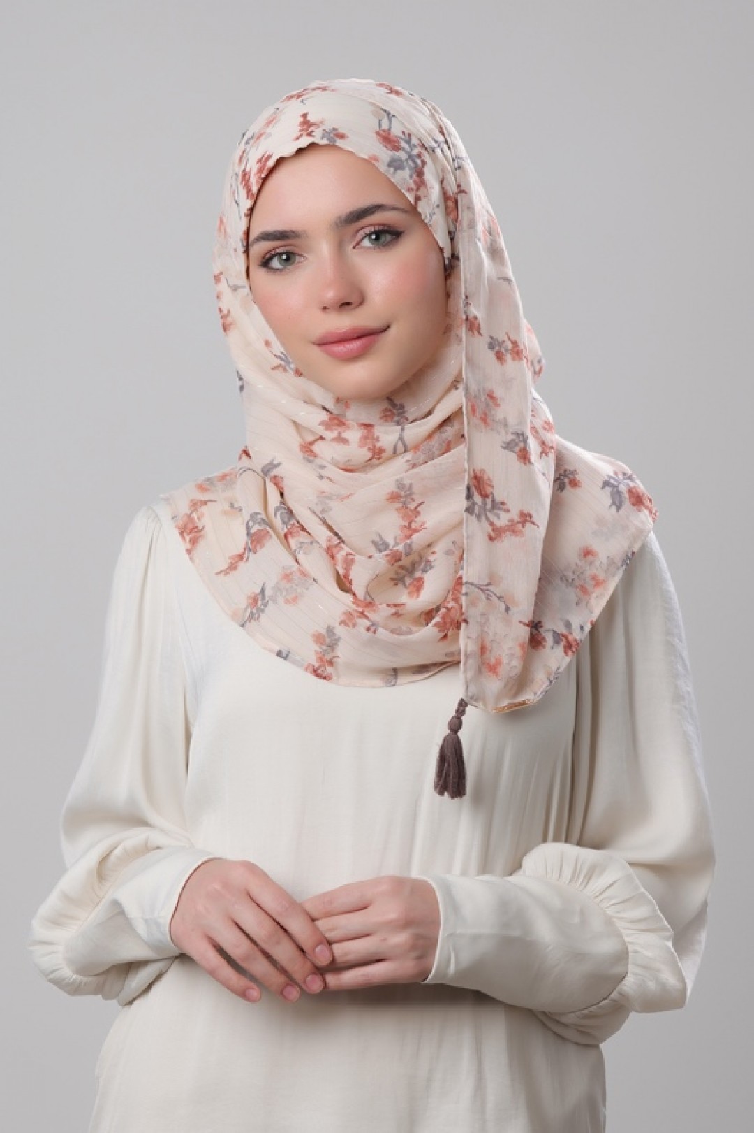 Cream Shimmer - Printed Crinkled Chiffon Lurex