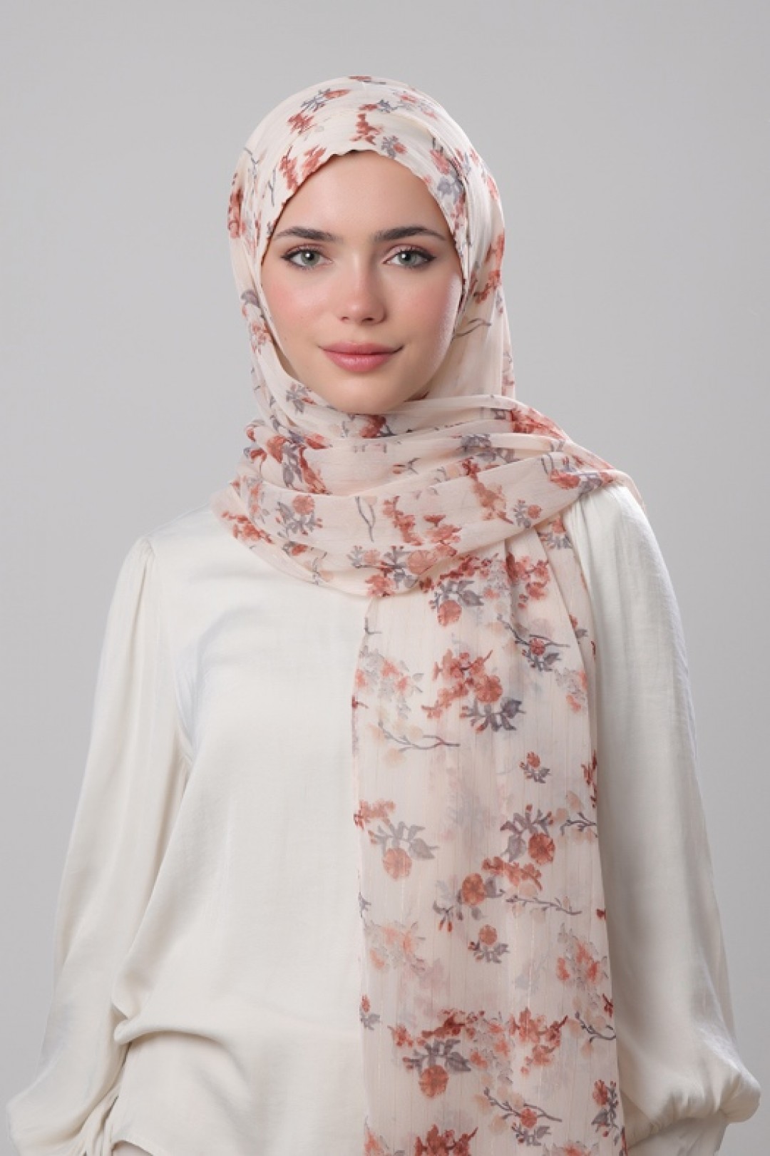 Cream Shimmer - Printed Crinkled Chiffon Lurex