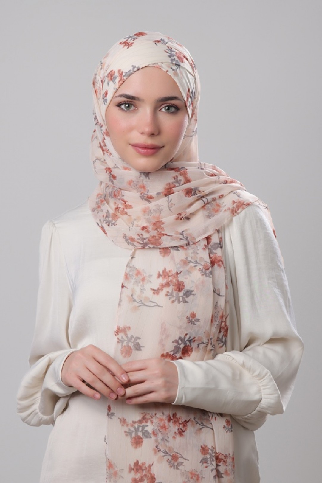 Cream Shimmer - Printed Crinkled Chiffon Lurex