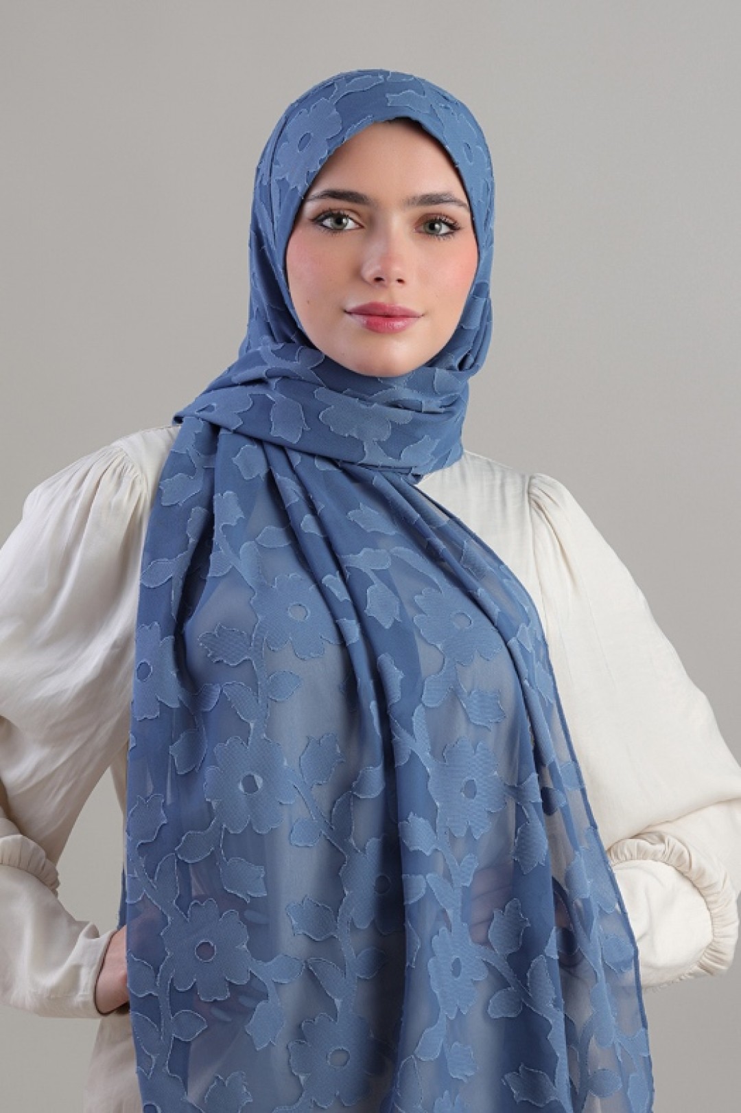 Blue Daisy - Plain Jacquard Chiffon