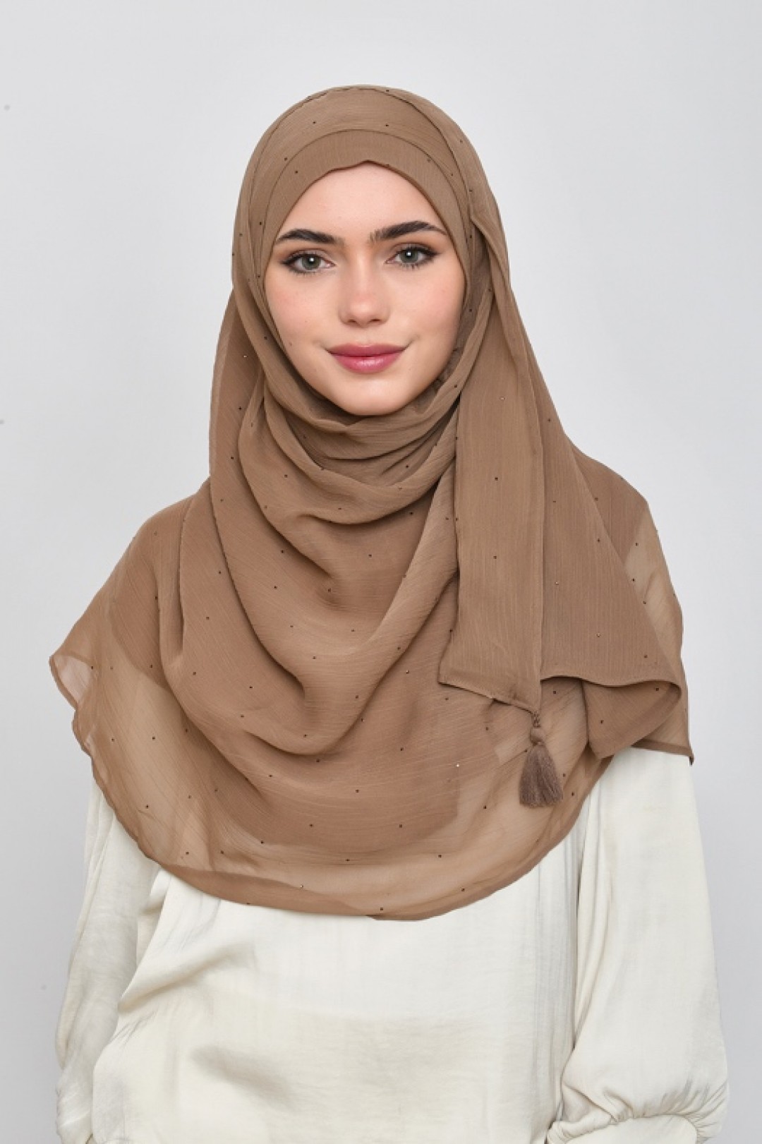 Greige - Plain Crinkled Chiffon Crystals