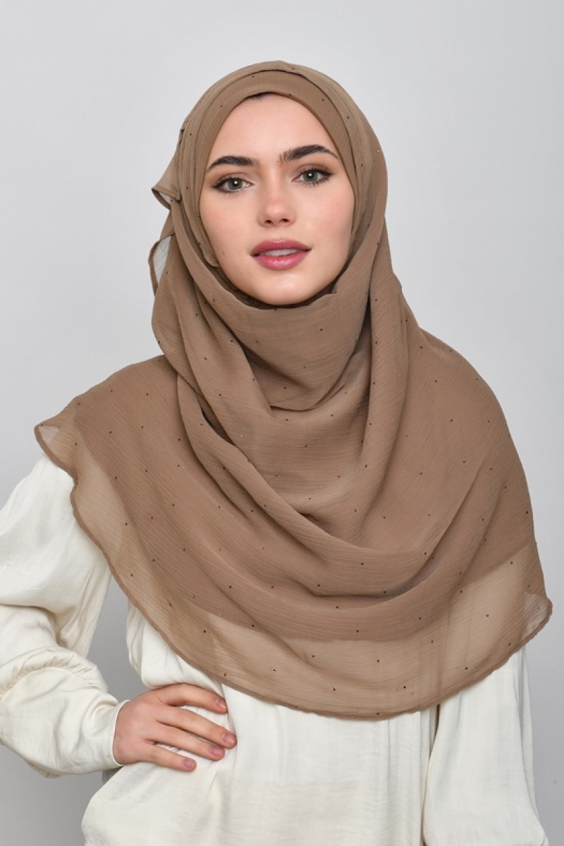 Greige - Plain Crinkled Chiffon Crystals