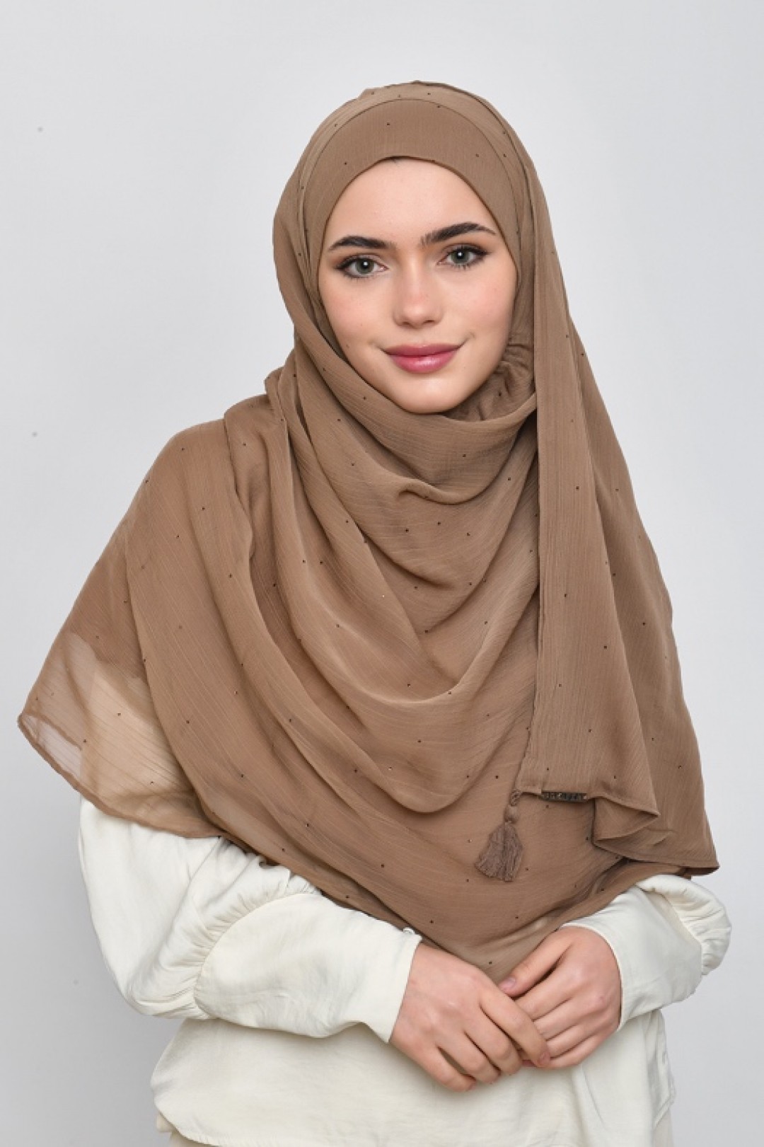 Greige - Plain Crinkled Chiffon Crystals