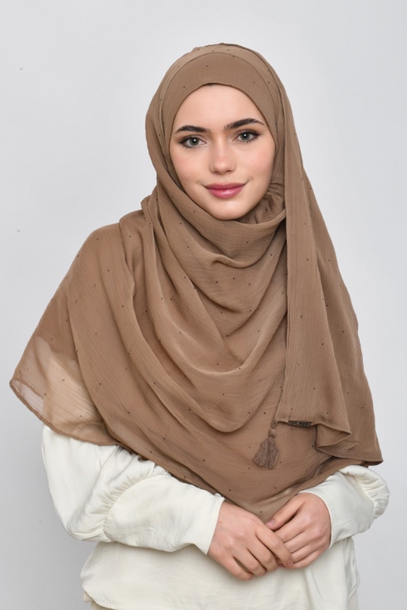 Greige - Plain Crinkled Chiffon Crystals