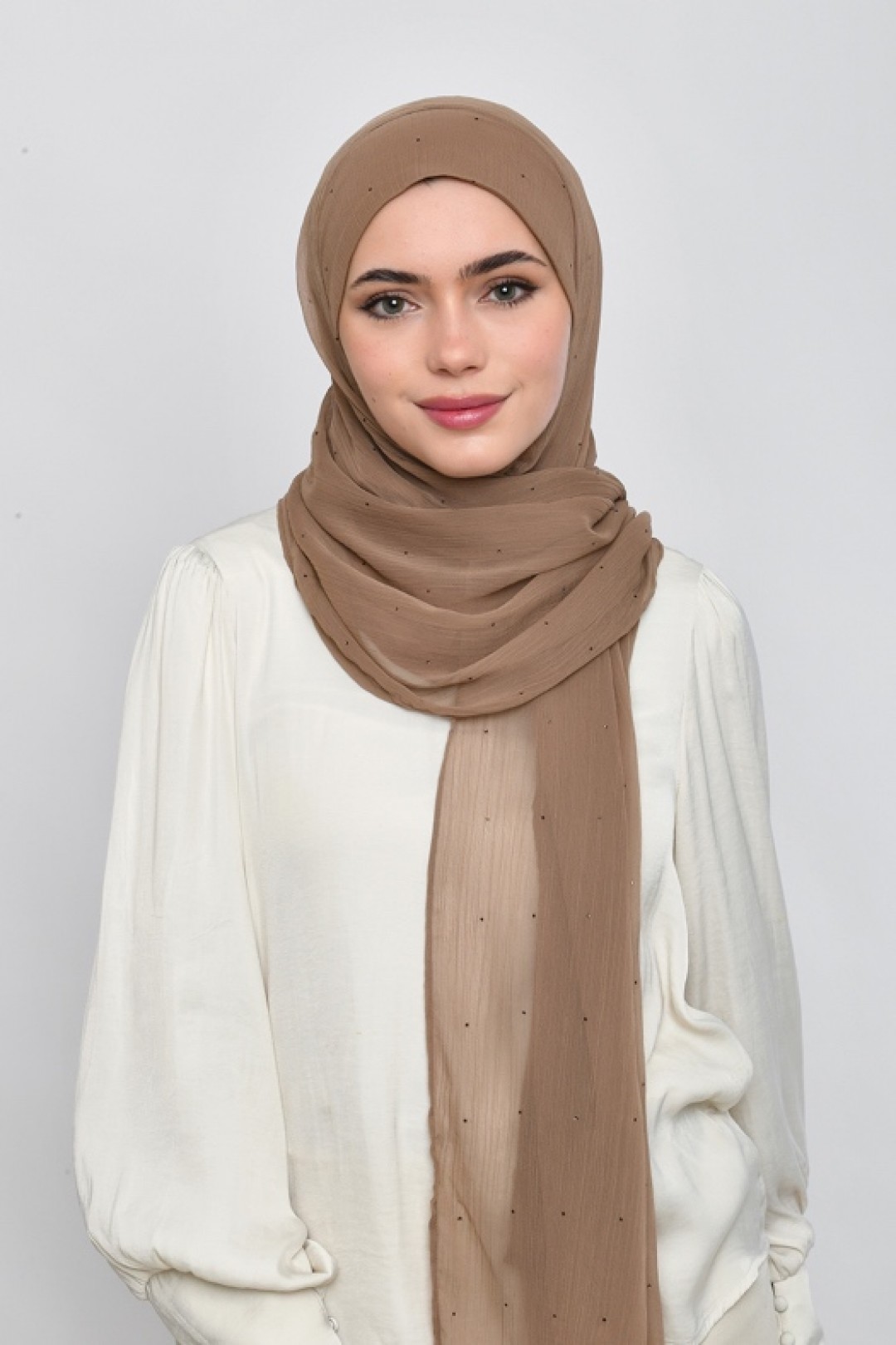 Greige - Plain Crinkled Chiffon Crystals