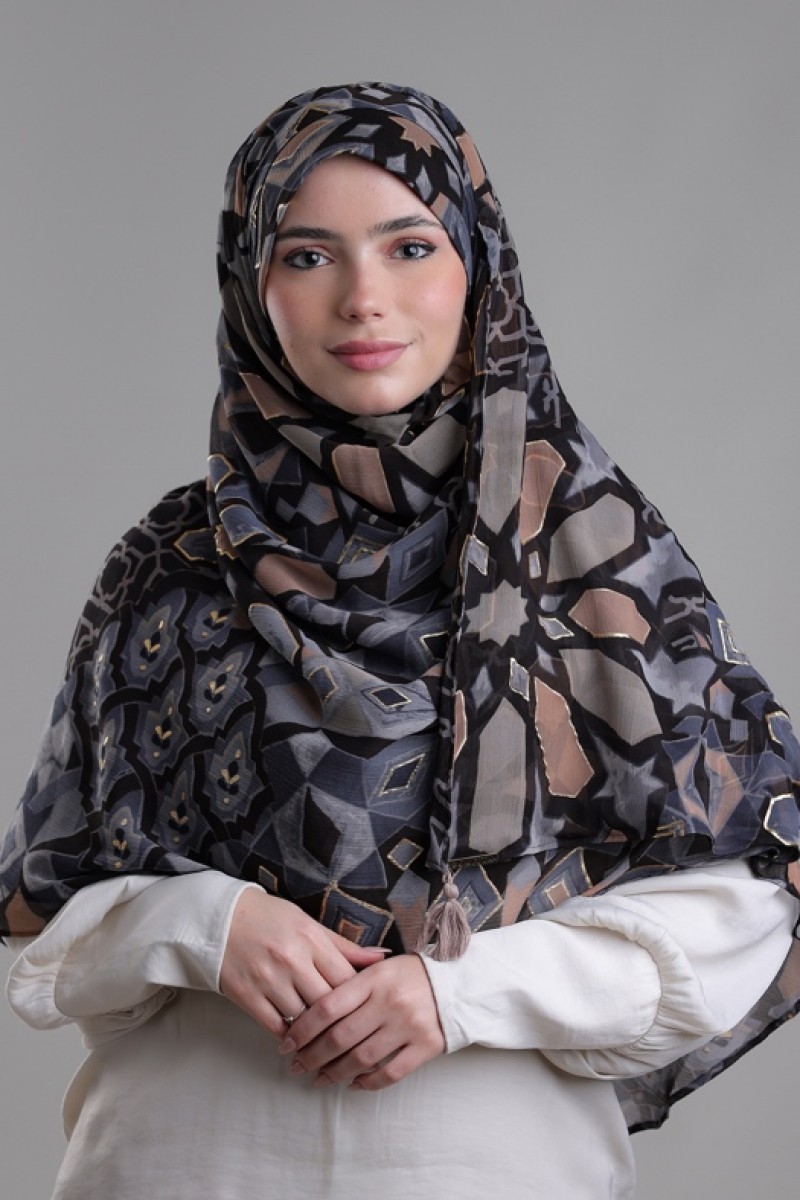Hassan II Black - Printed Plus Crinkled Chiffon with Foil