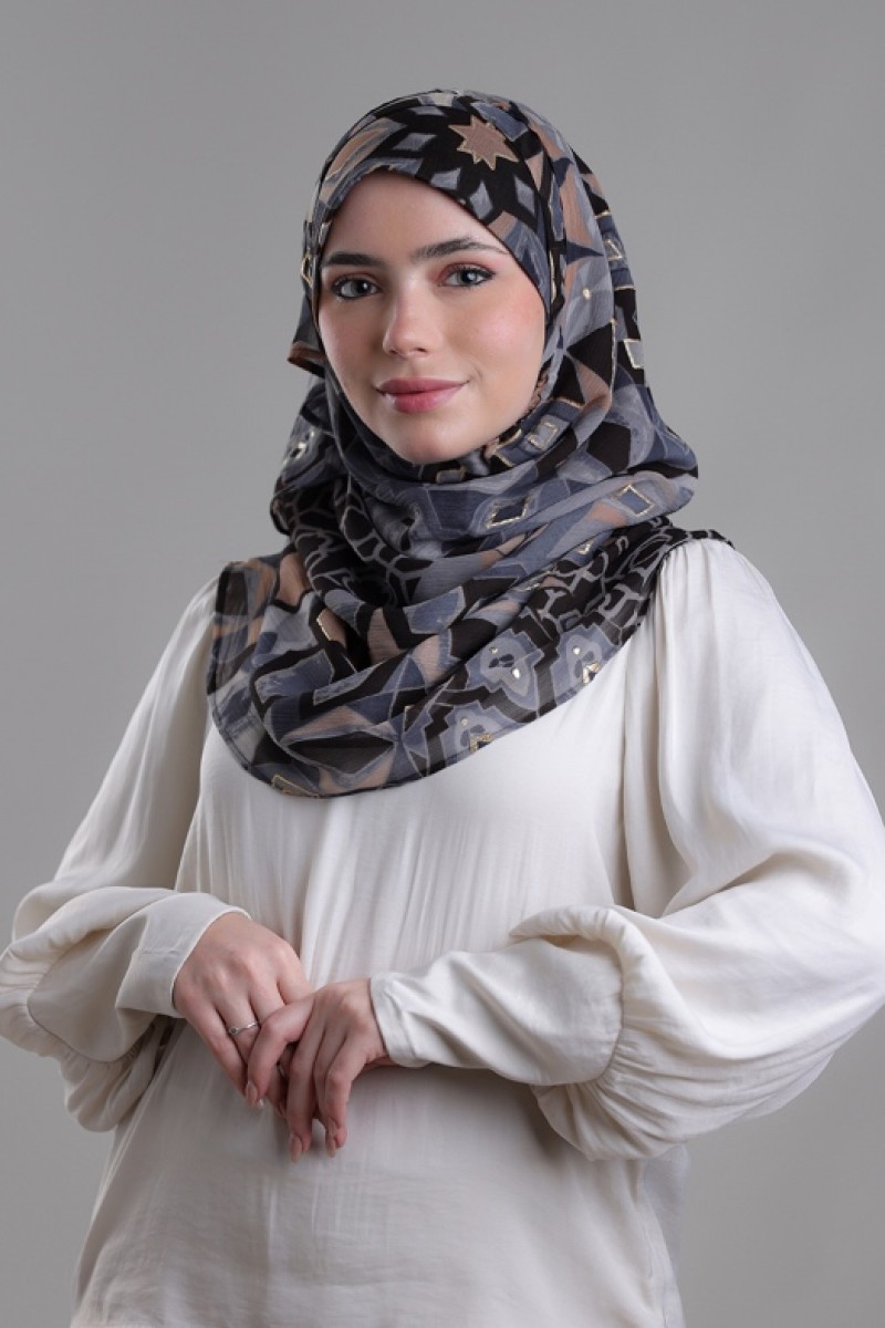 Hassan II Black - Printed Plus Crinkled Chiffon with Foil