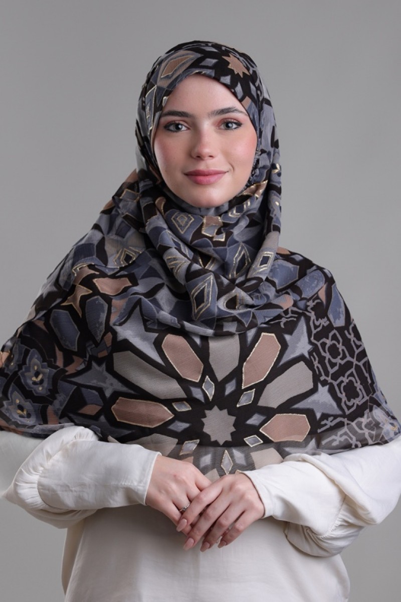 Hassan II Black - Printed Plus Crinkled Chiffon with Foil