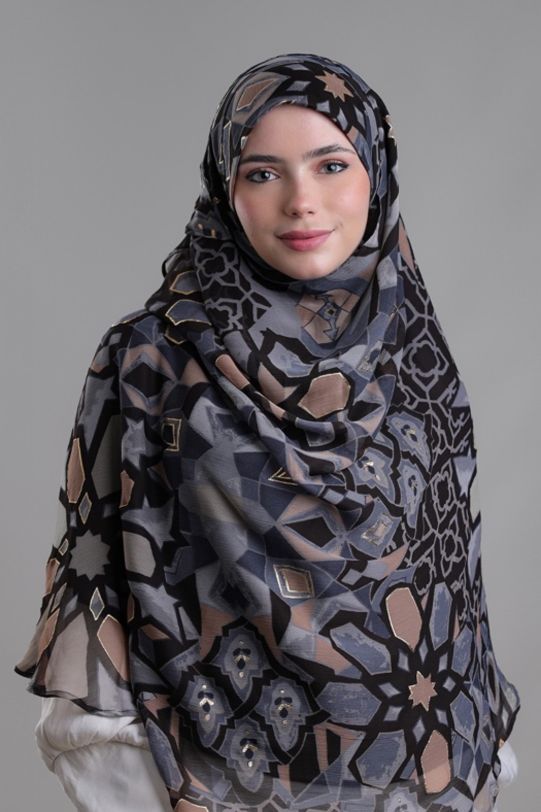 Hassan II Black - Printed Plus Crinkled Chiffon with Foil