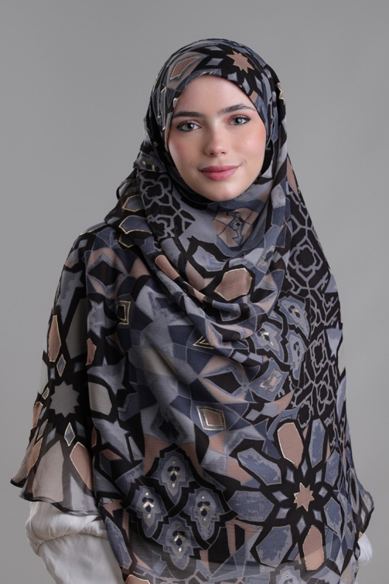 Hassan II Black - Printed Plus Crinkled Chiffon with Foil
