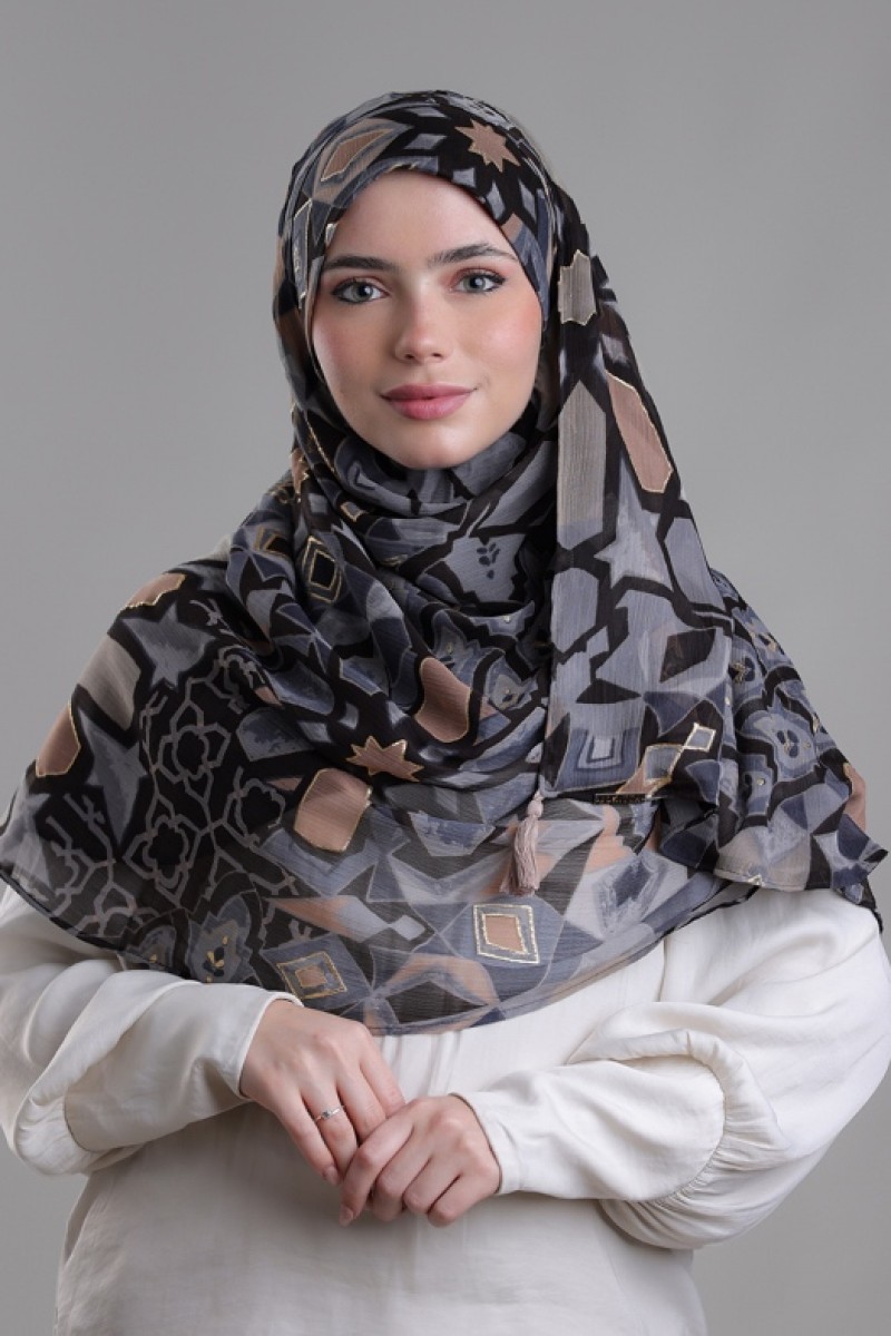Hassan II Black - Printed Plus Crinkled Chiffon with Foil