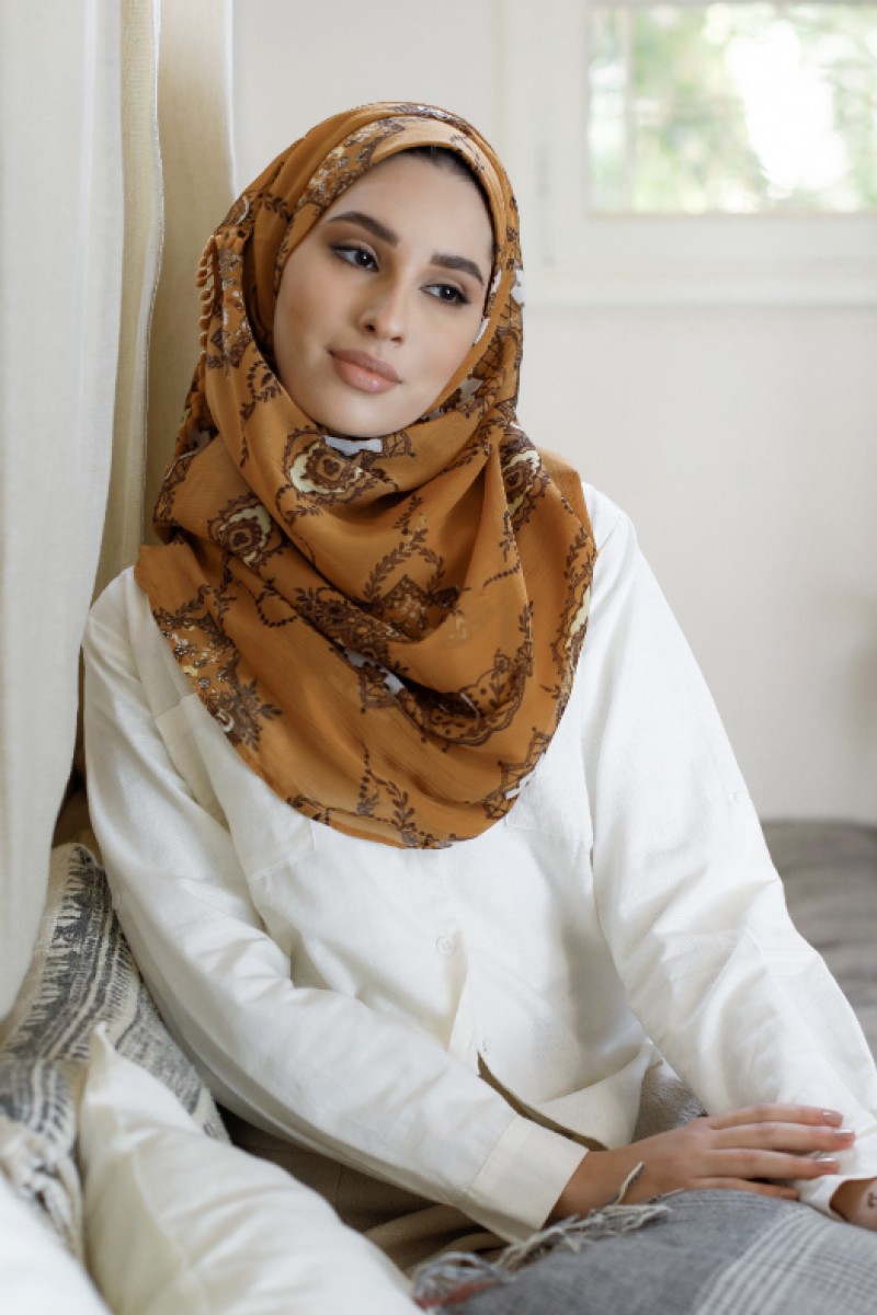 Unity - Printed With Pompoms Crinkled Chiffon - Cap Shawl