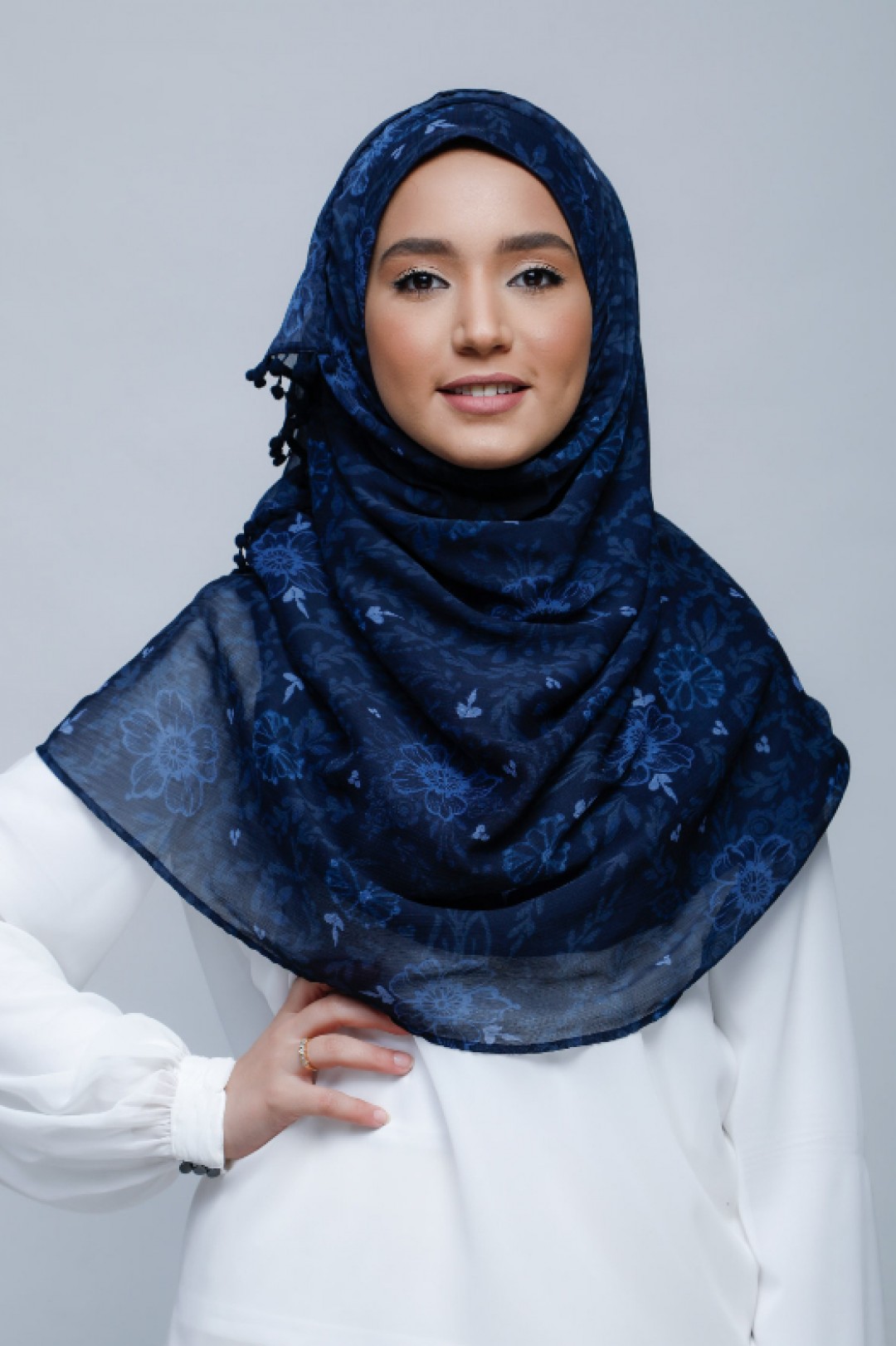 Joy - Printed With Pompoms Crinkled Chiffon - Capshawl