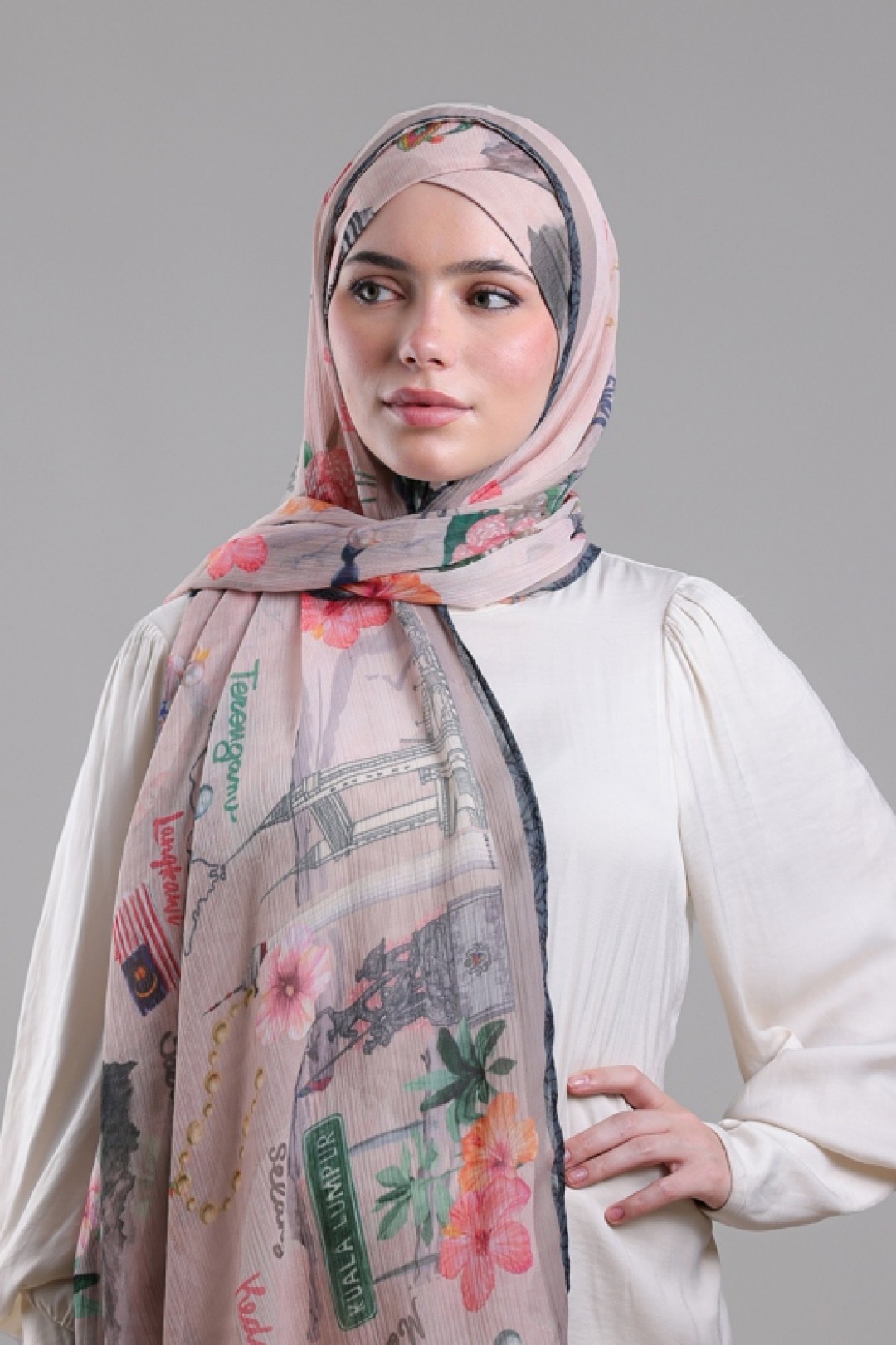 Kuala Lumpur Beige - Printed Crinkled Chiffon