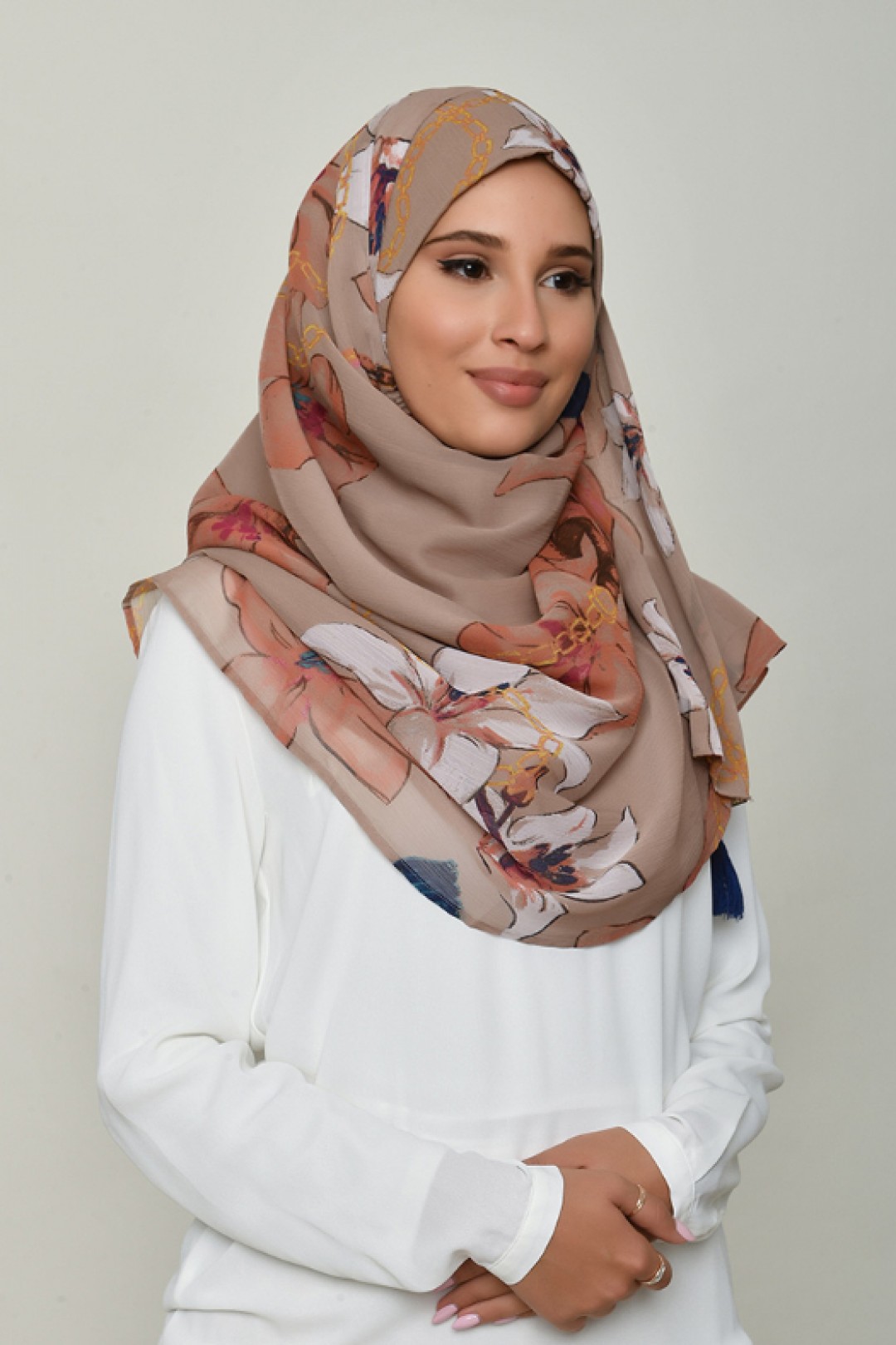 Lilies Beige - Printed Crinkled Chiffon