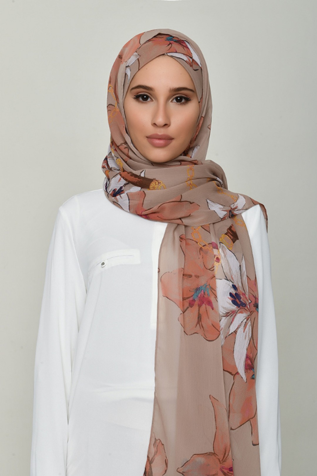 Lilies Beige - Printed Crinkled Chiffon