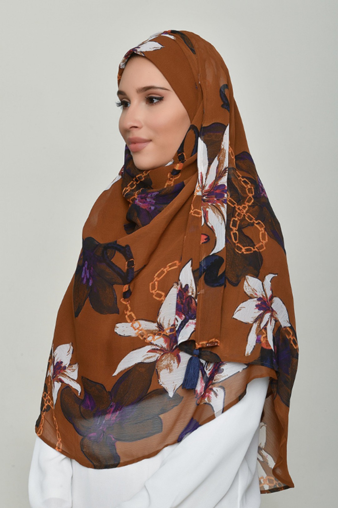 Lilies Caramel - Printed Crinkled Chiffon