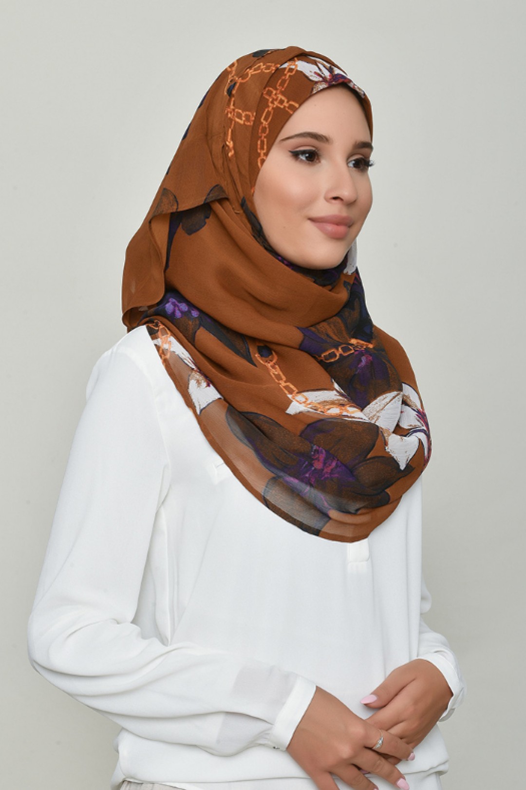 Lilies Caramel - Printed Crinkled Chiffon