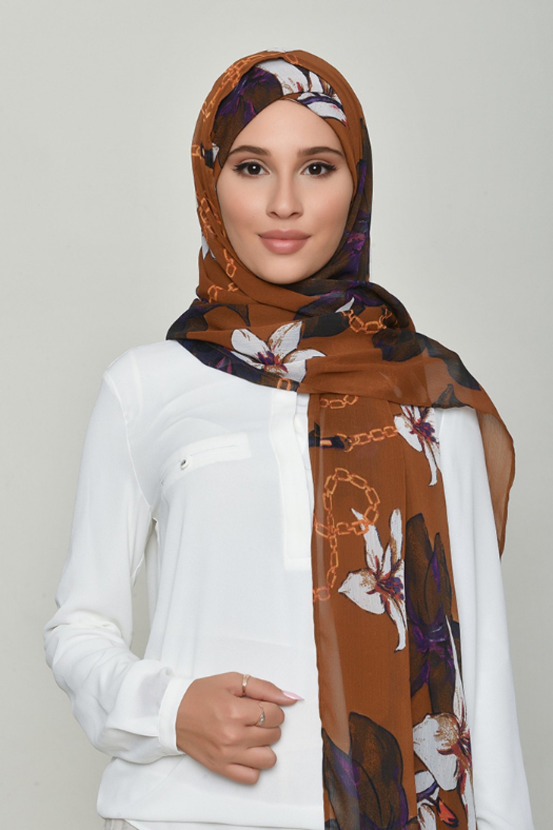 Lilies Caramel - Printed Crinkled Chiffon