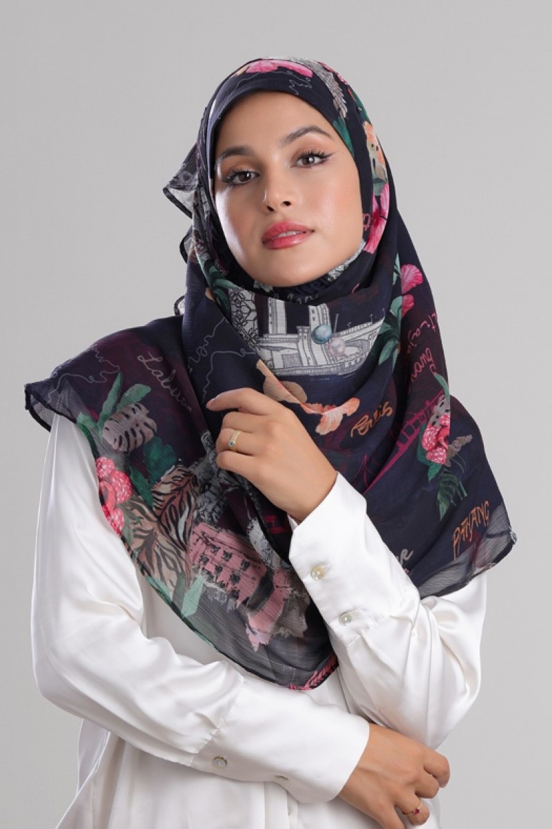 Kuala Lumpur Navy - Printed Crinkled Chiffon