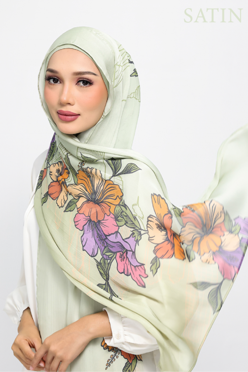 Mint Blossoms - Printed Plus Crinkled Satin Chiffon