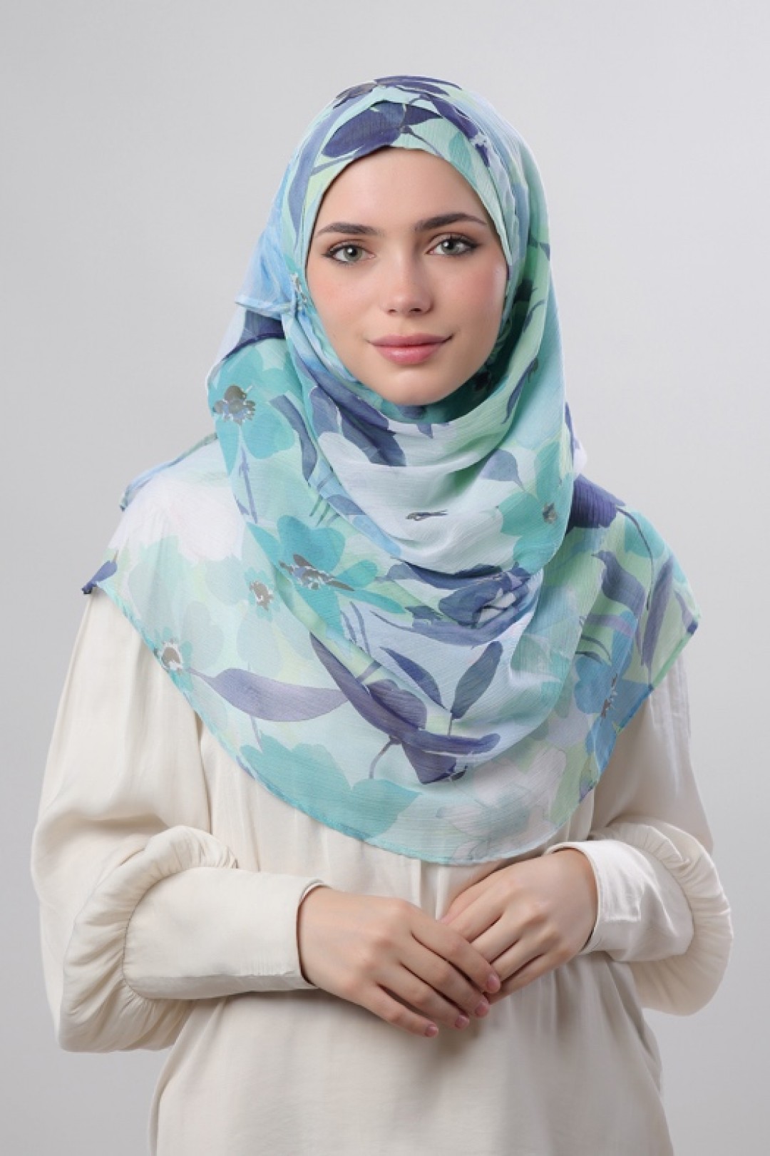 Minty Blooms - Printed Crinkled Chiffon
