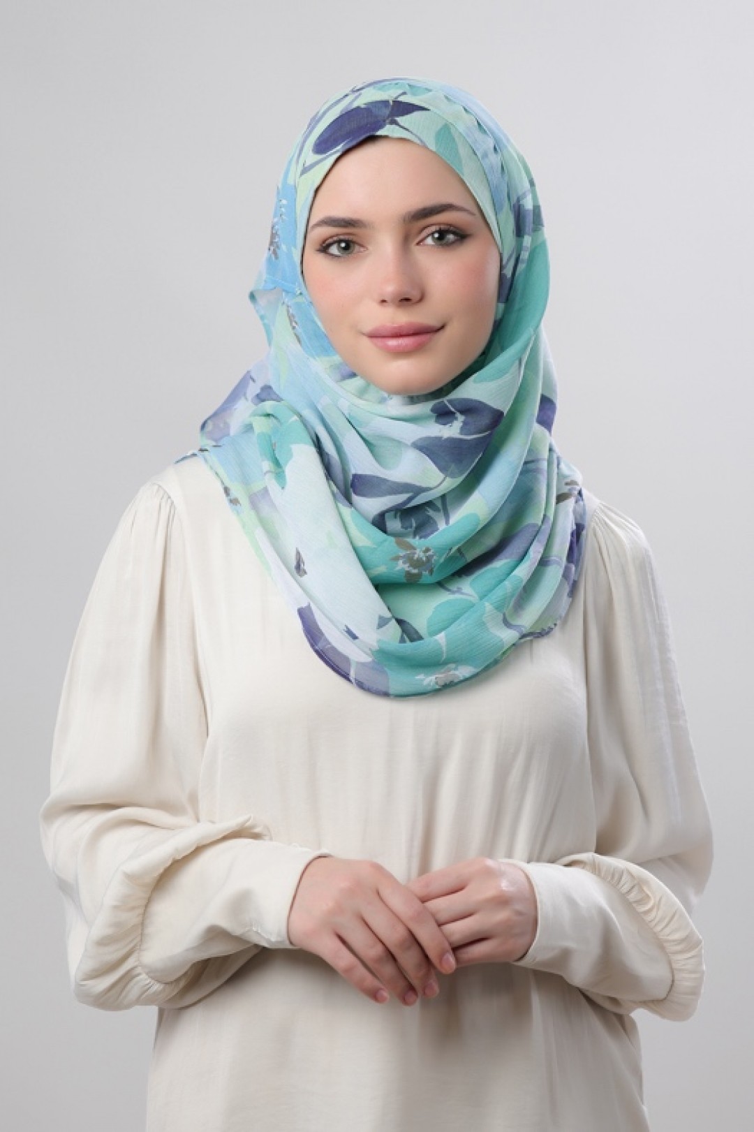Minty Blooms - Printed Crinkled Chiffon