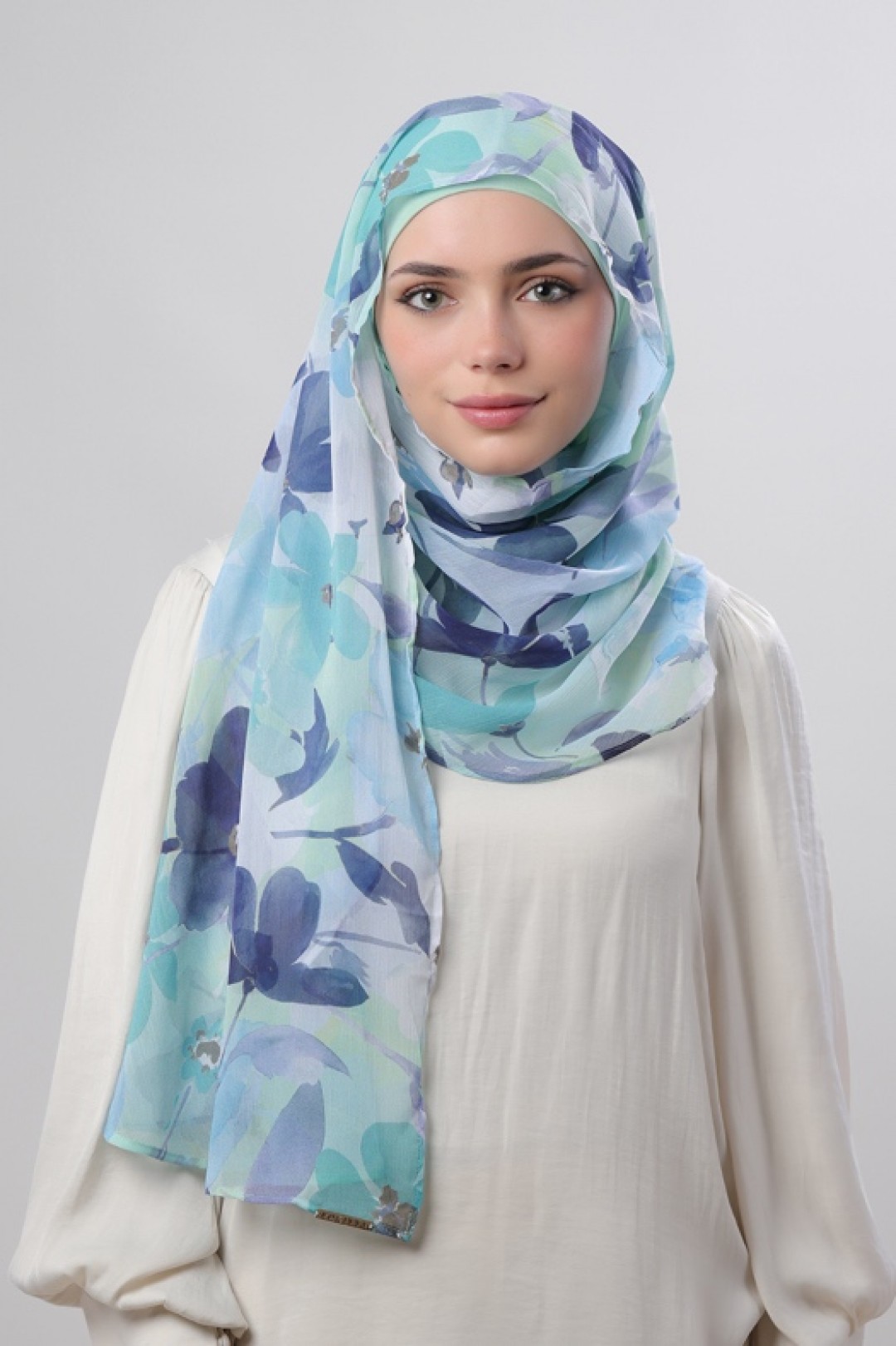 Minty Blooms - Printed Crinkled Chiffon