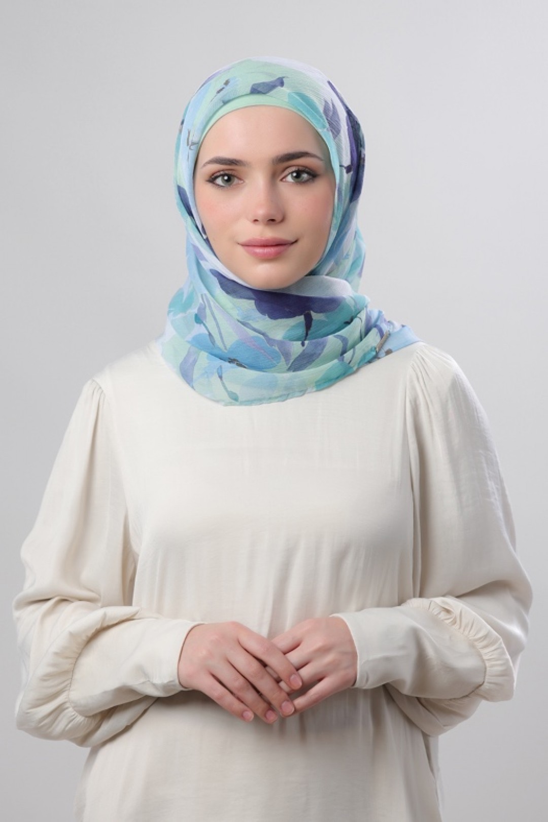 Minty Blooms - Printed Crinkled Chiffon