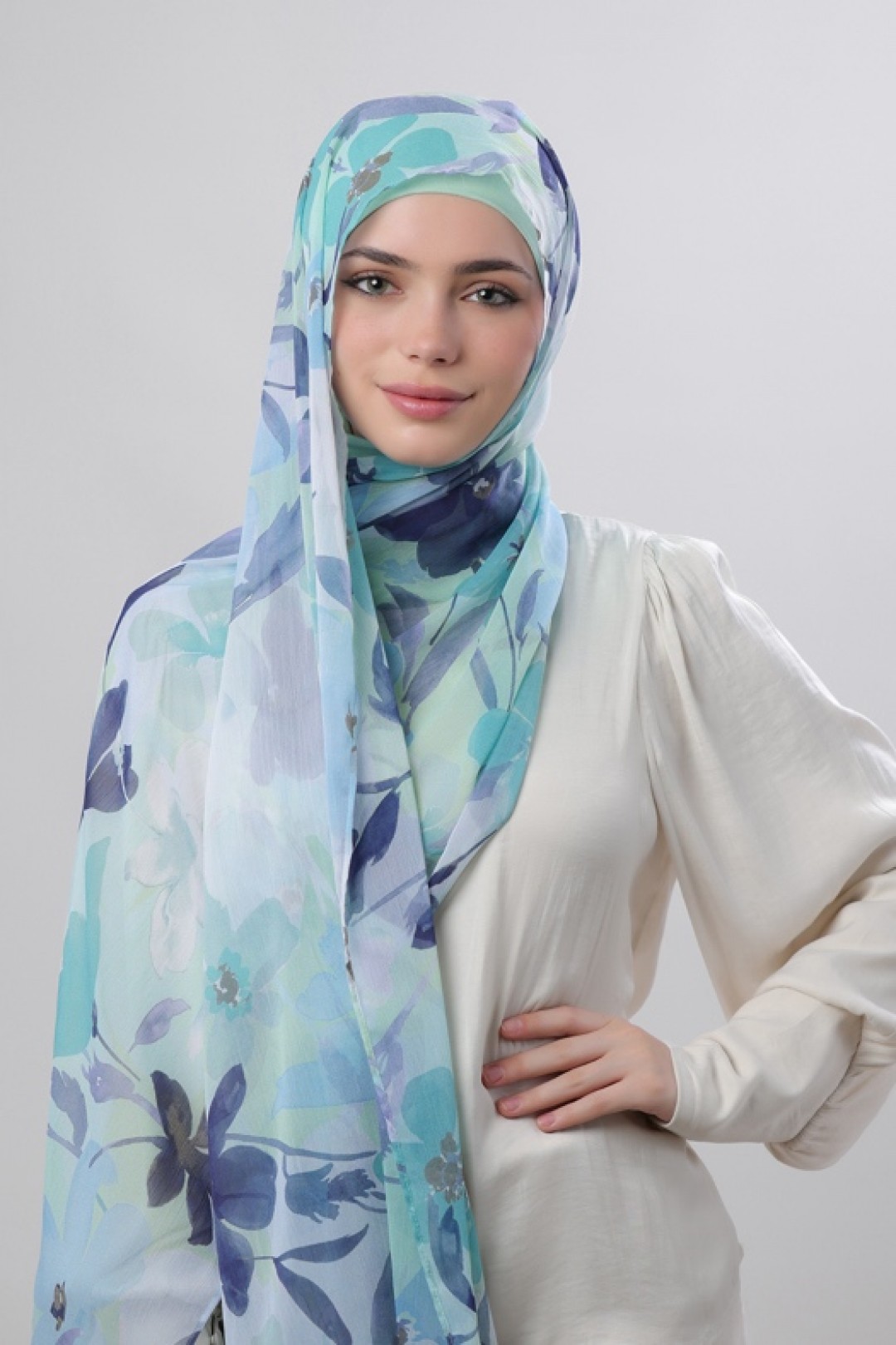 Minty Blooms - Printed Crinkled Chiffon
