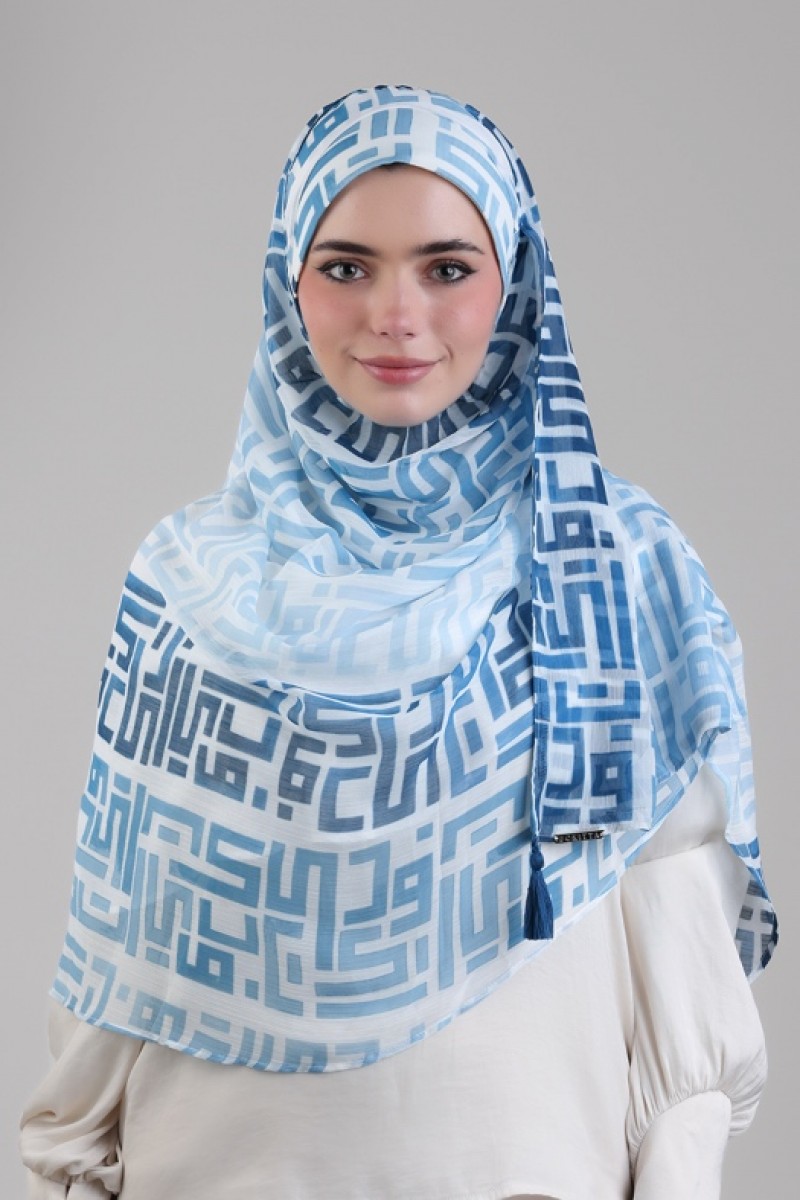 Monogram Blue - Printed Plus Crinkled Chiffon